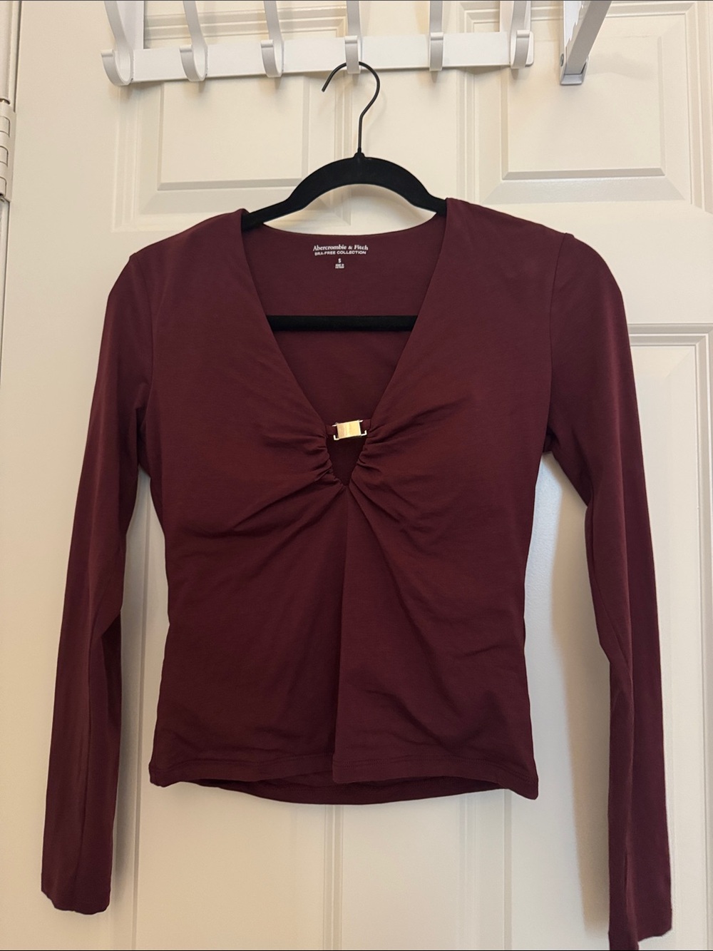 Abercrombie & Fitch Women's Long-Sleeve Twist-Front Top in Wine Burgundy